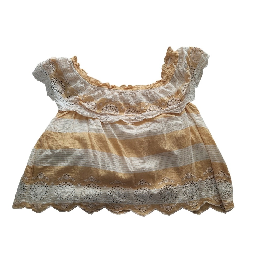 American Eagle Eyelet Lace Off Shoulder Top Womens Large Yellow Striped Boho